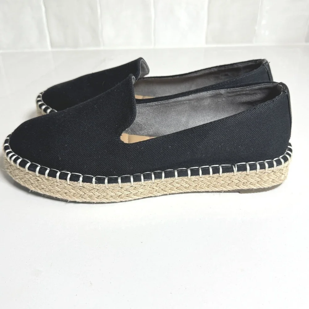 Joie Cara Espadrille Flats Women 7.5 Black Canvas Jute Slip On Shoes‎